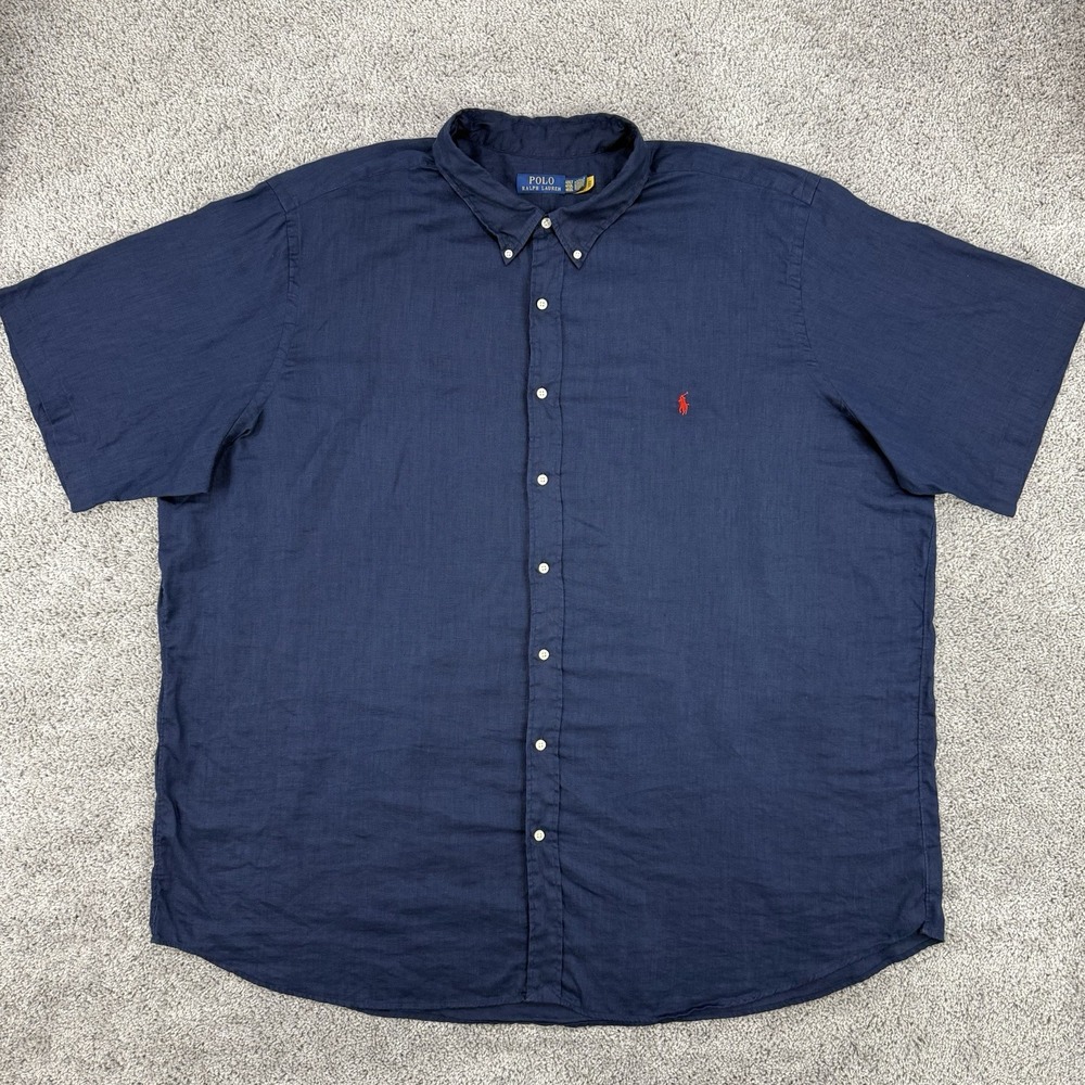 Polo Ralph Lauren 100% Linen Shirt Men's 4XLT Navy Short Sleeve Button Down